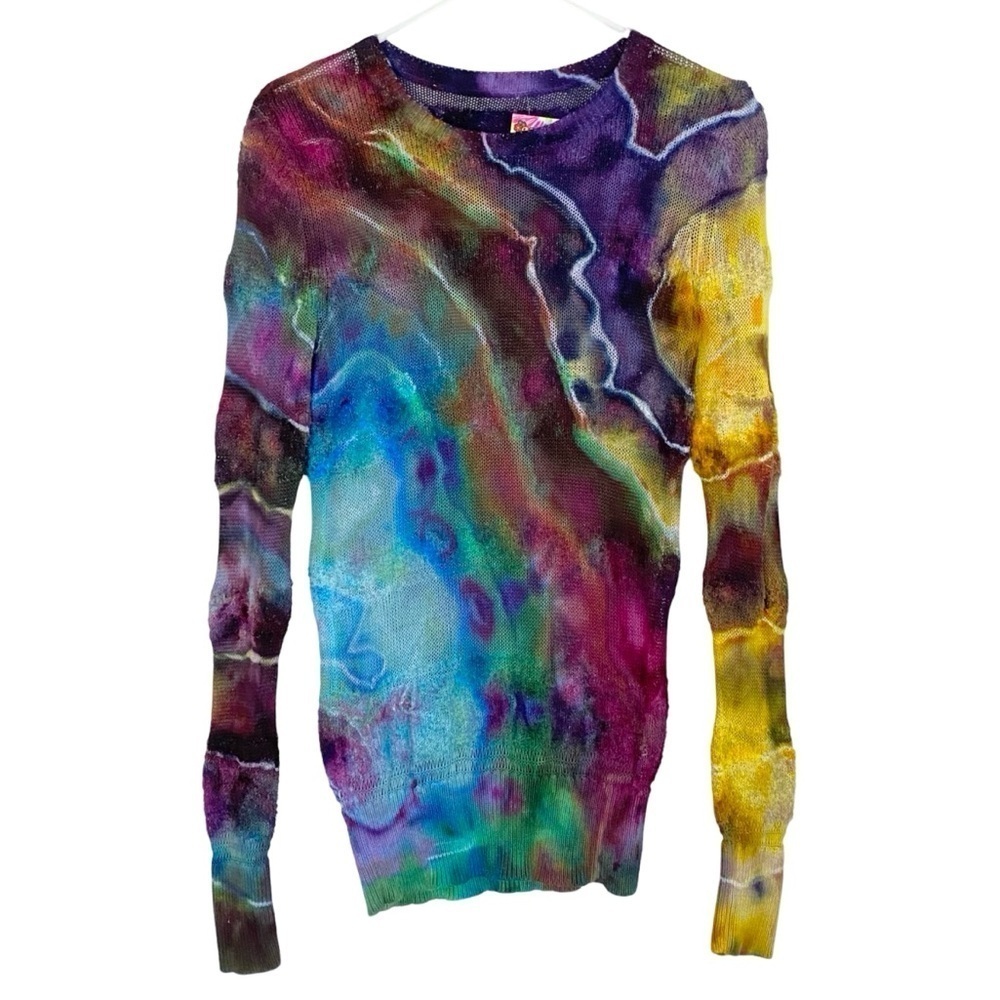 Handmade Geode Tie Dye Sweater Pullover Womens Size Small Sheer Stripe Colorful